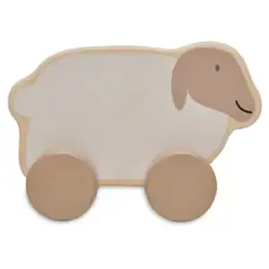 Houten speelgoedauto met lam en wielen, perfect voor baby's en peuters.