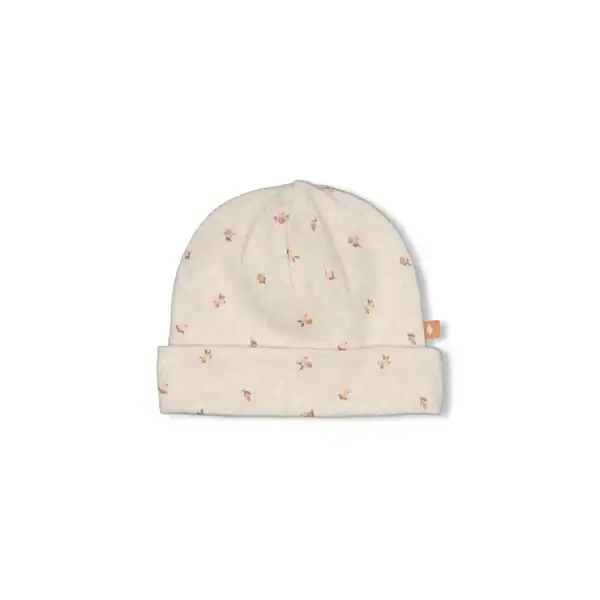 Baby mutsje rib AOP offwhite melange voor jonge kinderen.
