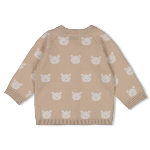 Gebreid babyvestje met teddybeer patroon in zandkleur.